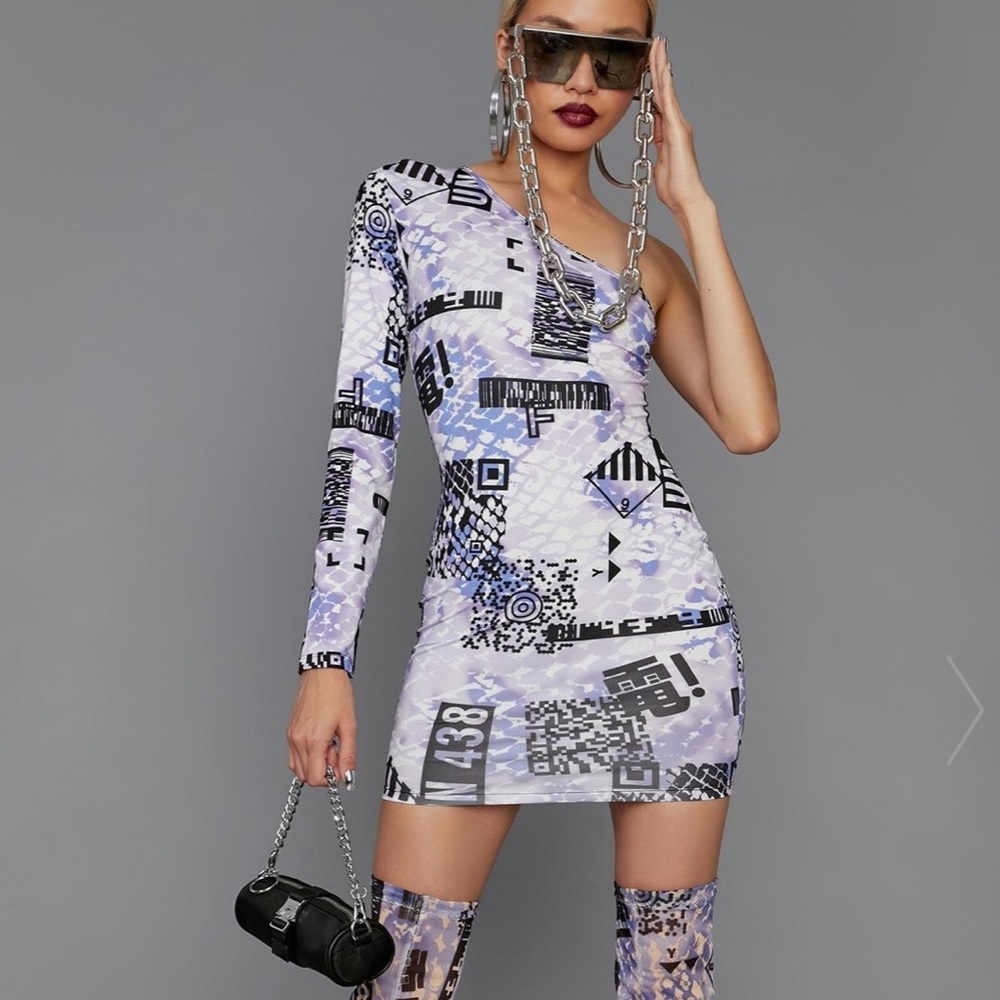 QR Code One Shoulder Purple Mini Dress